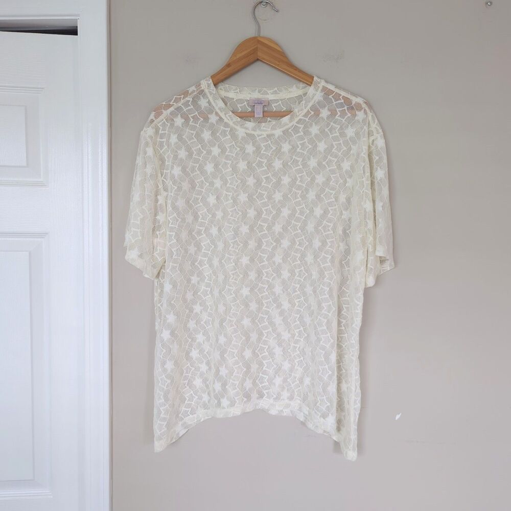 LOGO Lori Goldstein White Star Mesh Short Sleeve Relaxed Top Medium Celestial
